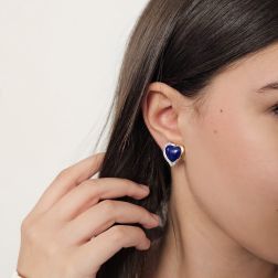 Orecchini Lapislazzuli Cabochon Cuore e Diamanti laterali - Bicolor foto indossata