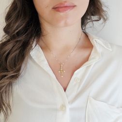 Gothic Cross Pendant in yellow Gold with Diamonds photo of worn