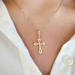 Gothic Cross Pendant in yellow Gold with Diamonds photo of worn