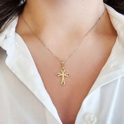 Photo of worn Gothic Cross Pendant in Yellow Gold with Emerald