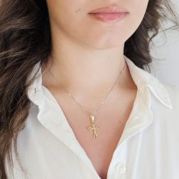 Photo of worn Gothic Cross Pendant in Yellow Gold with Emerald