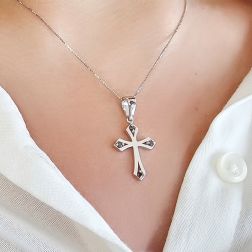 Photo of worn Gothic Cross Pendant in White Gold with Black Diamonds