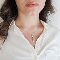Photo of worn Gothic Cross Pendant in Yellow Gold with Blue Sapphires
