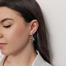 Photo of worn Queen Earrings with Aquamarine and Diamond Pendant