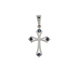 Ciondolo Croce Gotica in Oro Bianco con Zaffiri Blu