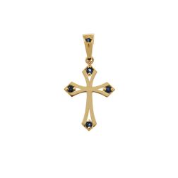 Ciondolo Croce Gotica in Oro Giallo con Zaffiri Blu