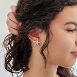 Starfish Earrings with Diamonds in White Gold photo of worn