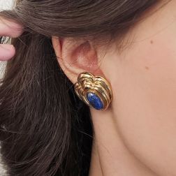 photo of worn "The Birth of Venus" Yellow Gold Earrings with Blue Lapis