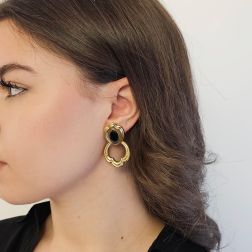 photo of worn "The Birth of Venus" Yellow Gold Earrings with Onyx Stones