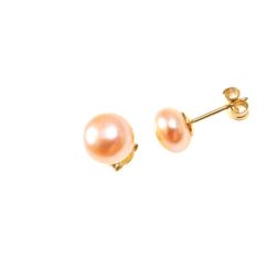8.80mm Freshwater Pink Button Pearl Stud Earrings in Yellow Gold