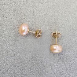 8.80mm Freshwater Pink Button Pearl Stud Earrings in Yellow Gold