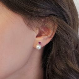 photo of worn 8.5mm Freshwater Pearl Earrings with 4mm Rhodolite