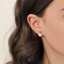 photo of worn 8.5mm Freshwater Pearl Earrings with 4mm Rhodolite