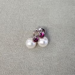8.5mm Freshwater Pearl Earrings with 4mm Rhodolite