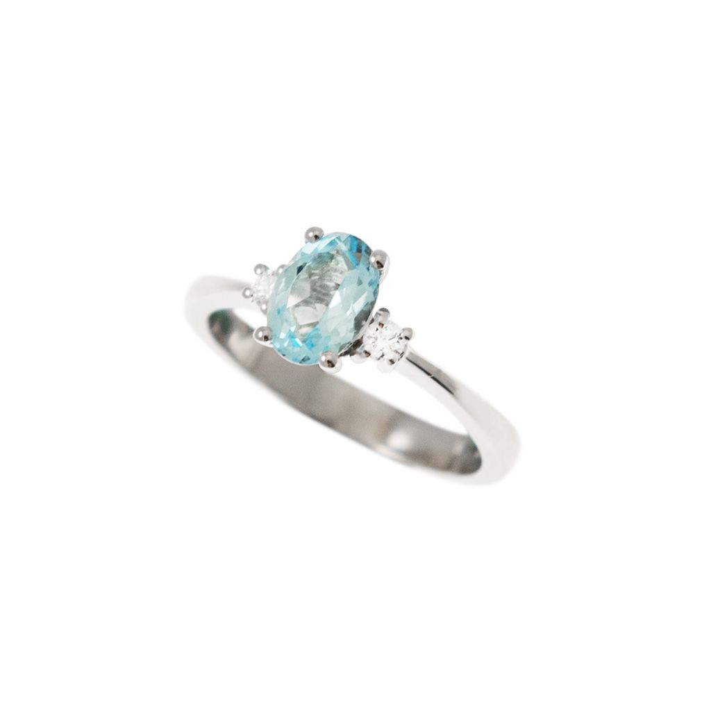 Anello Solitario Acquamarina Ovale 7x5mm e 2 Diamanti in Oro Bianco
