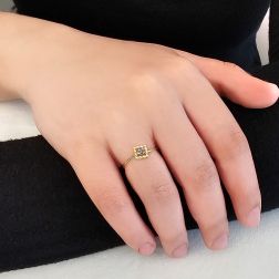 Photo of worn Easy Square Blue Sapphire Yellow Gold Solitaire Ring