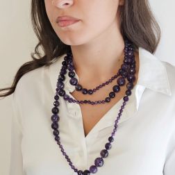 Photo of worn Amethyst 15.5mm to 10mm Scalar Faceted Spheres and 6mm spheres 160cm Long Necklace