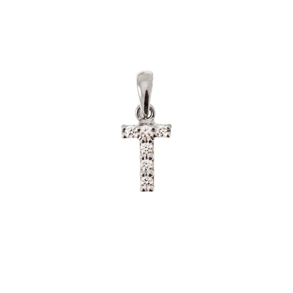 Initial Letter "T" Pendant with Diamonds in 18kt White Gold