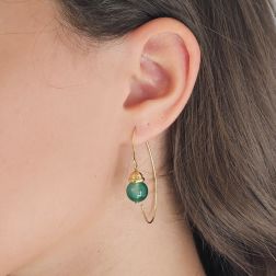 photo of worn Yellow Gold Dangle Earrings with Green Agate Beads