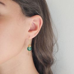 photo of worn Yellow Gold Dangle Earrings with Green Agate Beads