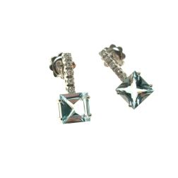Square Aquamarine 7x7mm and Diamond bar Earrings