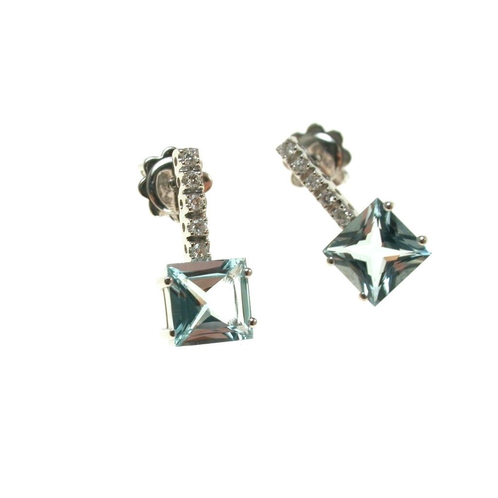 Square Aquamarine 7x7mm and Diamond bar Earrings