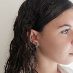 photo of worn Square Aquamarine 7x7mm and Diamond bar Earrings