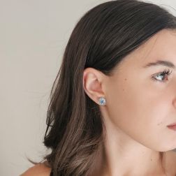 Photo of worn Flower Earrings with Aquamarine and Blue Sapphire in White Gold