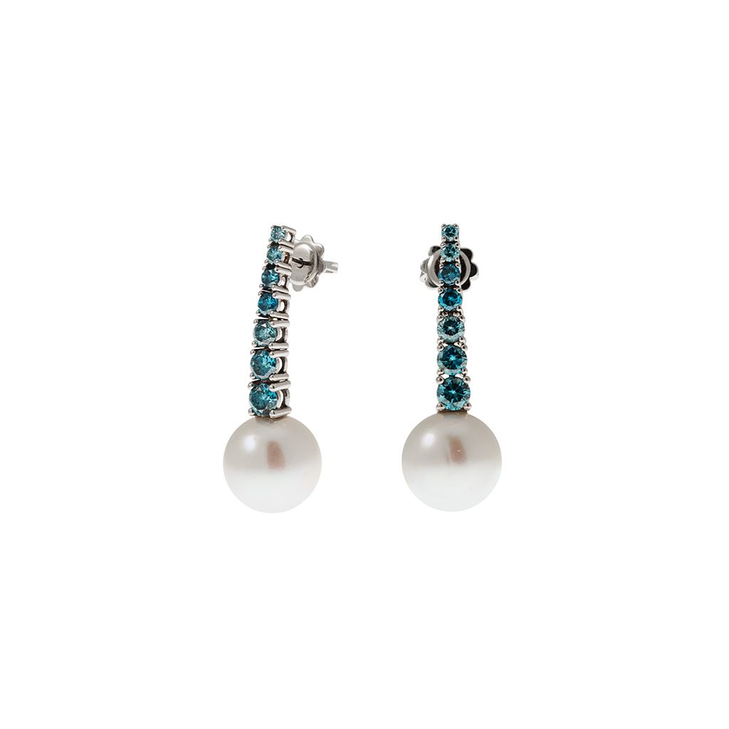 Orecchini Tennis Scalare in Oro Bianco con Diamanti Blu e Perle Freshwater