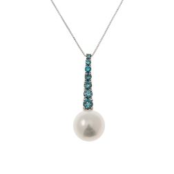 White Gold Tennis Necklace with Blue Diamonds and a Freshwater Pearl