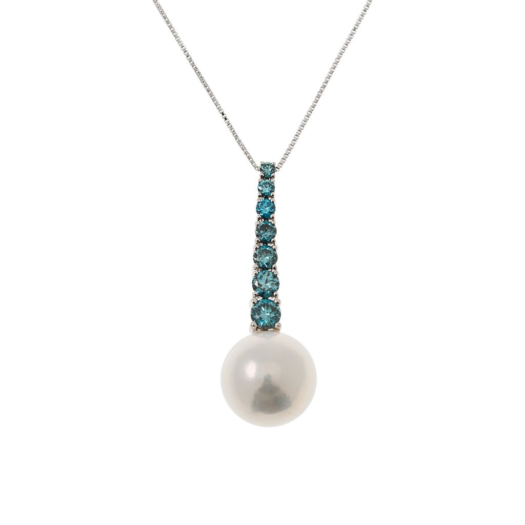 Collana Tennis scalare in Oro Bianco con Diamanti Blu e Perla Freshwater