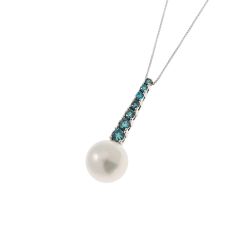 Collana Tennis scalare in Oro Bianco con Diamanti Blu e Perla Freshwater
