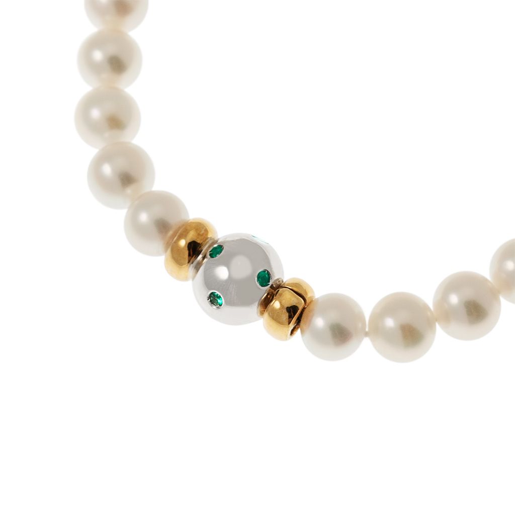 Akoya Pearl Necklace with Sphere Clasp and 9 Emeralds