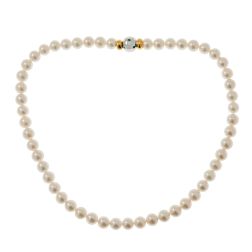 Akoya Pearl Necklace with Sphere Clasp and 9 Emeralds