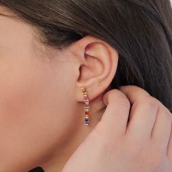 photo of worn Linear Dangle Earrings with Multicolored Sapphires and Diamonds in Rose Gold