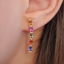 photo of worn Linear Dangle Earrings with Multicolored Sapphires and Diamonds in Rose Gold