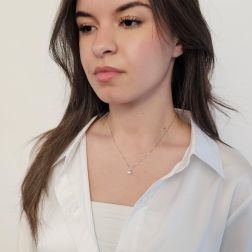 Photo of worn 6.5mm Akoya Pearl Necklace with a 0.036ct Diamond
