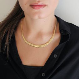 Photo of worn 45cm ‘Cobra’ necklace, 8mm – 4.5mm graduated