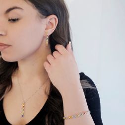 Photo of worn Pendant Earrings with Multicolor Sapphires and Diamonds in White Gold