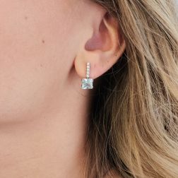 photo of worn Square Aquamarine 7x7mm and Diamond bar Earrings