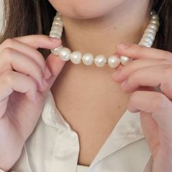 Photo of worn Freshwater pearl necklace with a Hidden Clasp in 18kt White Gold