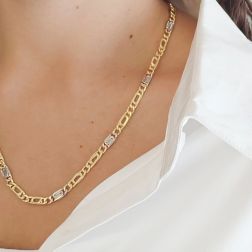 Photo of worn Two-tone 2+1 Figaro and Snail Necklace 50cm x 5.30mm - 4.50mm