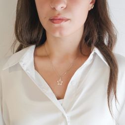 photo of worn 14.80 mm perforated star-shaped pendant with rounded tips in white gold