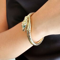 Photo of worn Rigid Snake Bangle bracelet with Emeralds