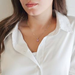 photo of worn Kate Pendant Pink Sapphire 6x4mm surrounded by 14 Diamonds