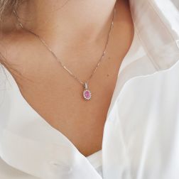 photo of worn Kate Pendant Pink Sapphire 6x4mm surrounded by 14 Diamonds
