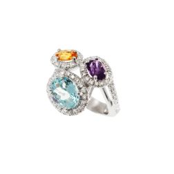 Anello Design 3 Ovali con Acquamarina Topazio Ametista e Diamanti