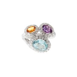 Anello Design 3 Ovali con Acquamarina Topazio Ametista e Diamanti