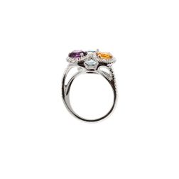 Anello Design 3 Ovali con Acquamarina Topazio Ametista e Diamanti