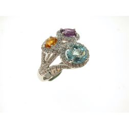 Anello Design 3 Ovali con Acquamarina Topazio Ametista e Diamanti